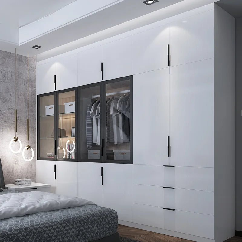 Black Walk-in Closet Wardrobe with Glass Door and LED Lights Cloakroom Furniture for Gym and School Clothes Storage Cabinet
