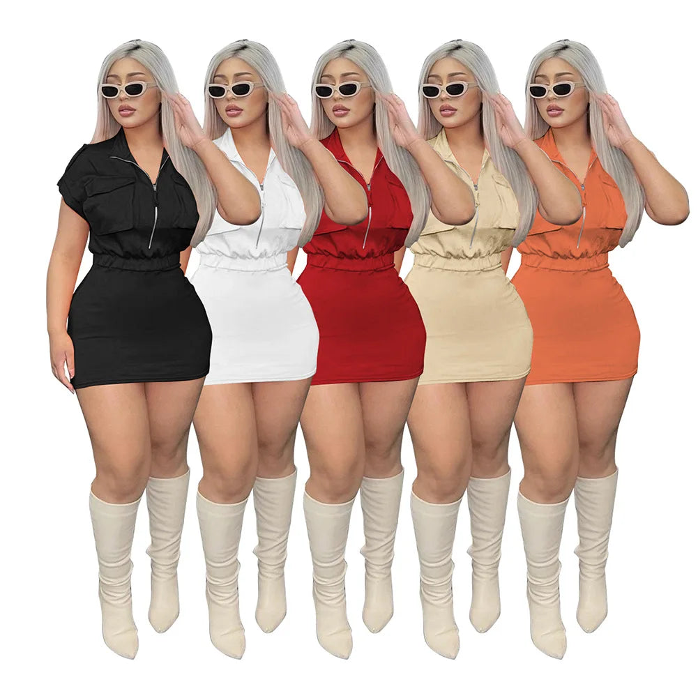 Wholesale Women Dress Clothing 2023 Zipper Overalls Cargo Short Sleeved Skirt One-Piece Summer Dresses Women Casual