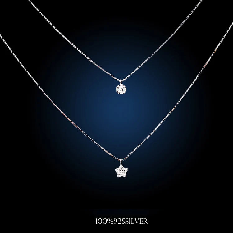 925 Sterling Silver Star Double-deck Necklaces &amp; Pendants for Women Fashion Lady Festival Gift Sterling-silver-jewelry