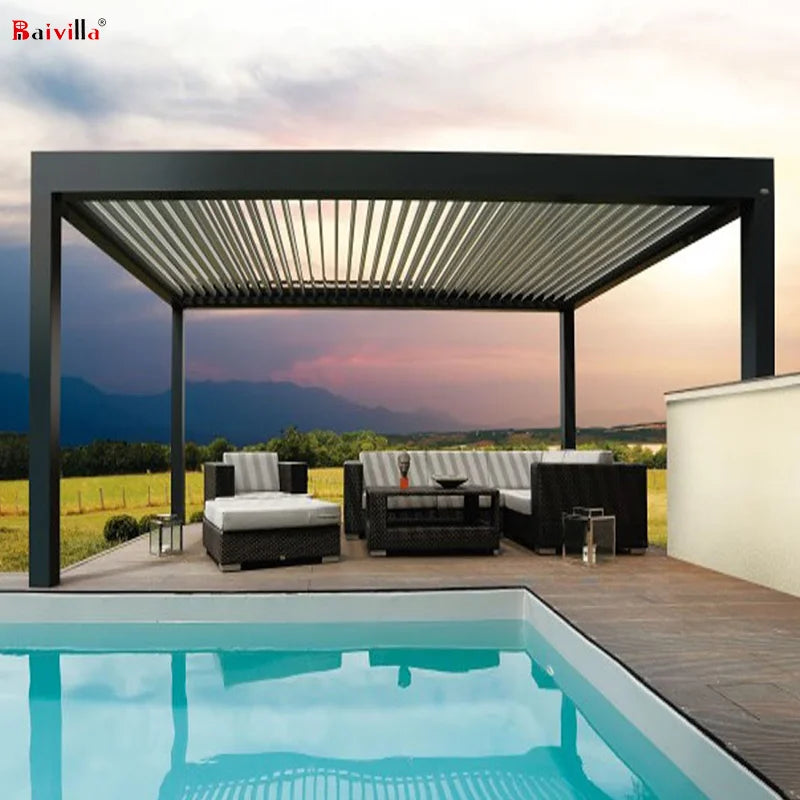 Electric Louver Roof Awning Canopy Gazebo Tent Bioclimatic Aluminum Pergola Balcony Side Glass House LED Lights Waterproof UV