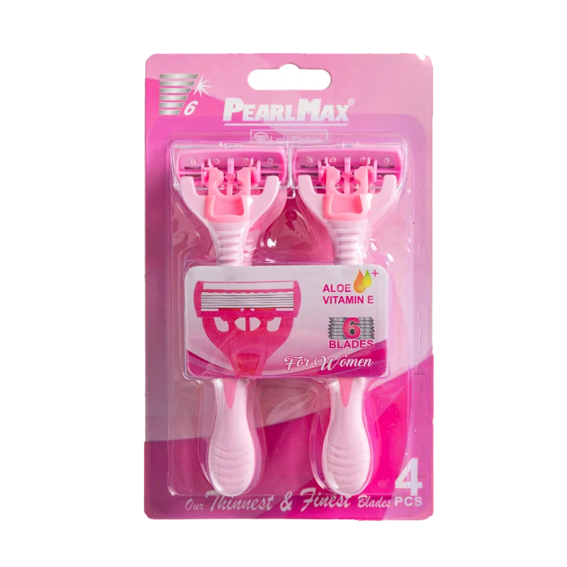 PearlMax OEM Disposable Hotel Stainless Steel Shaver Six Blade Shaving Razor with Rubber Handle with Lubricating Strip for Lady