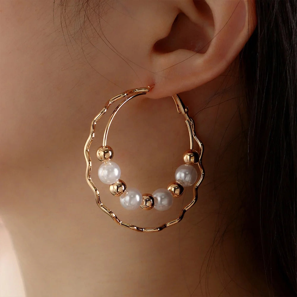 New Design Pearl Earrings Geometric Exaggeration Temperament Fashion Jewelry Gold Hoop Earrings for Women