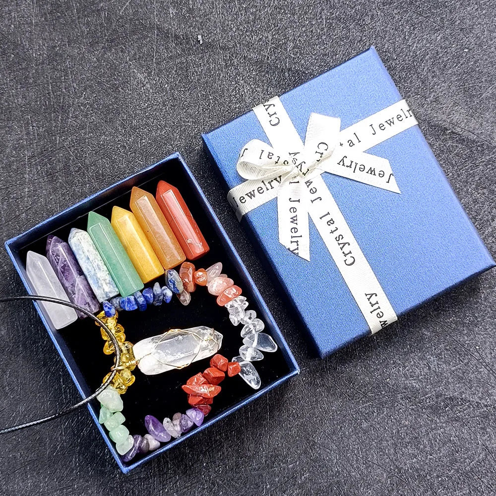 Natural Stone Gift Set Colorful Healing Crystal Bracelet Hexagonal Pendant Necklaces Heart Chakra Crystal Crafts for Gift