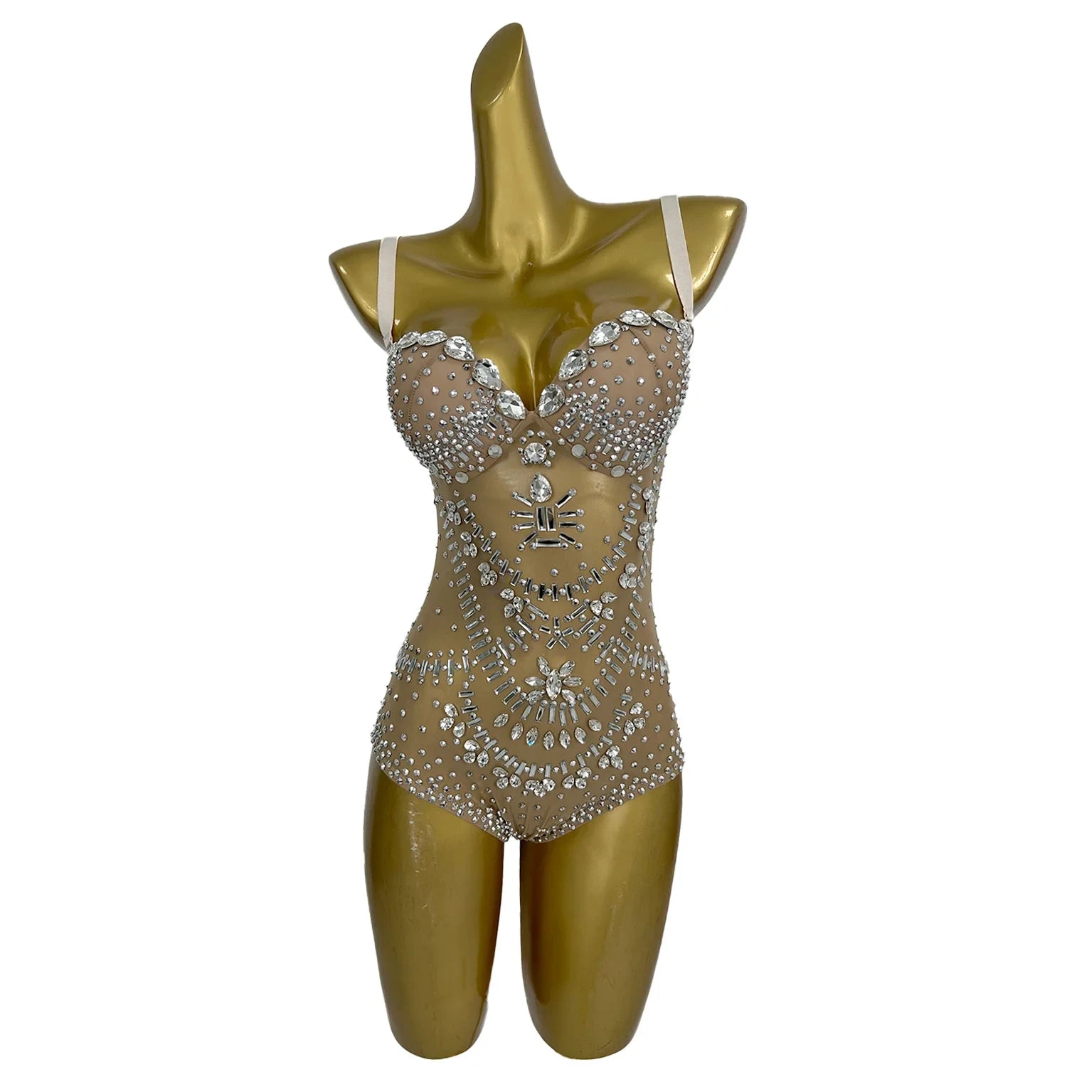 Sexy See Through Diamond Plus Size Jumpsuit Stage Performance Stripper Outfits Dance Leotard Adult Women Rhinestone Bodysuit