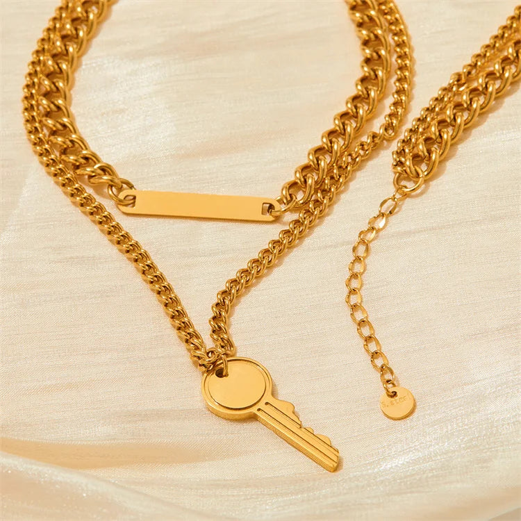 Hot Selling 18k Gold Plated Key Pendant Rectangular Charm Double Layer Stainless Steel Necklace for Women