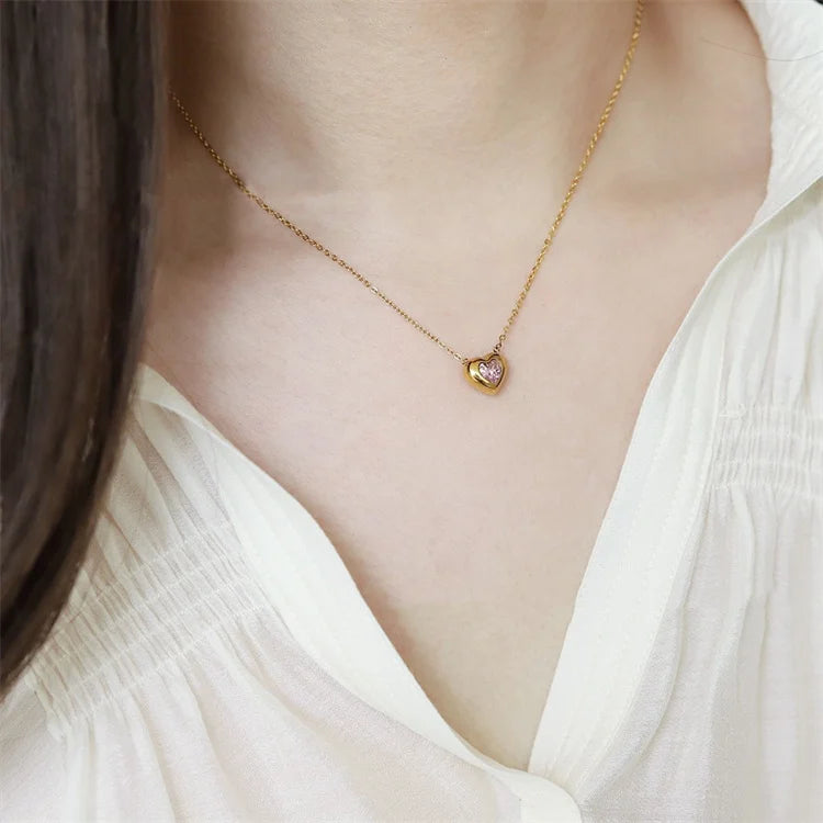 Korean 18k Gold Filled Stainless Steel Zircon Heart Necklace Tarnish Free Jewelry Titanium Steel Pink Crystal Heart Necklaces