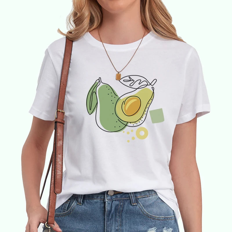 Luxury Summer Designer Women's T-shirts Eco-Friendly Knitted Crew Neck Avocado Graphic Digital Print Featuring Logo Decoration