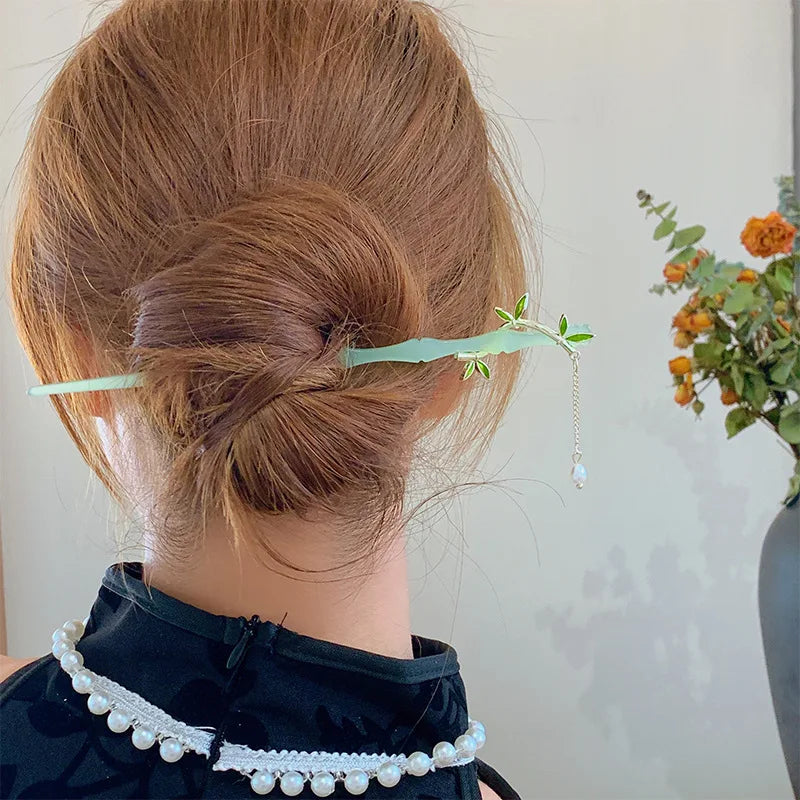 Chinese Style Green Bamboo Leaf Fringe Hairpin Woman Ancient Style Hanfu Handmade Hair Stick Pin Buyao Hair Accessories Women