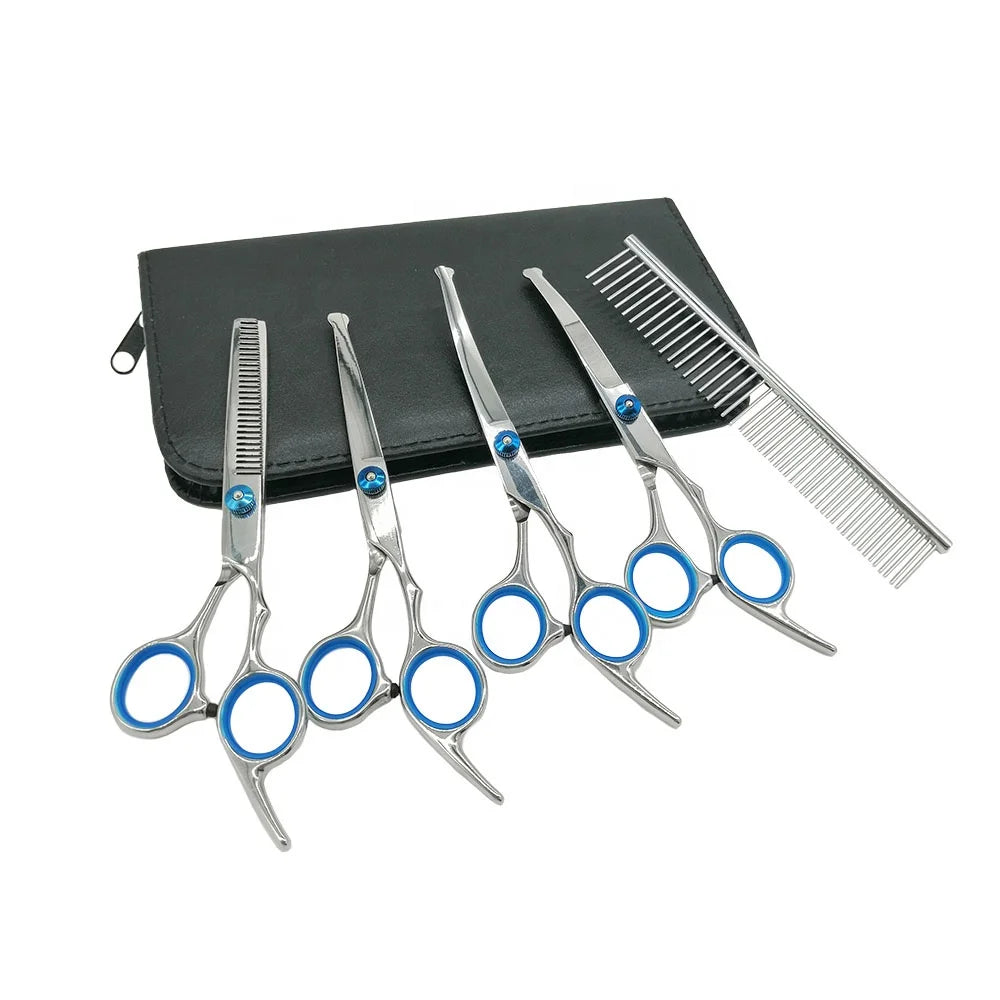 Professional Pet Grooming Kit Tool with Stainless Steel Hair Scissors Curved Thinning and Straight Cutting Scissors