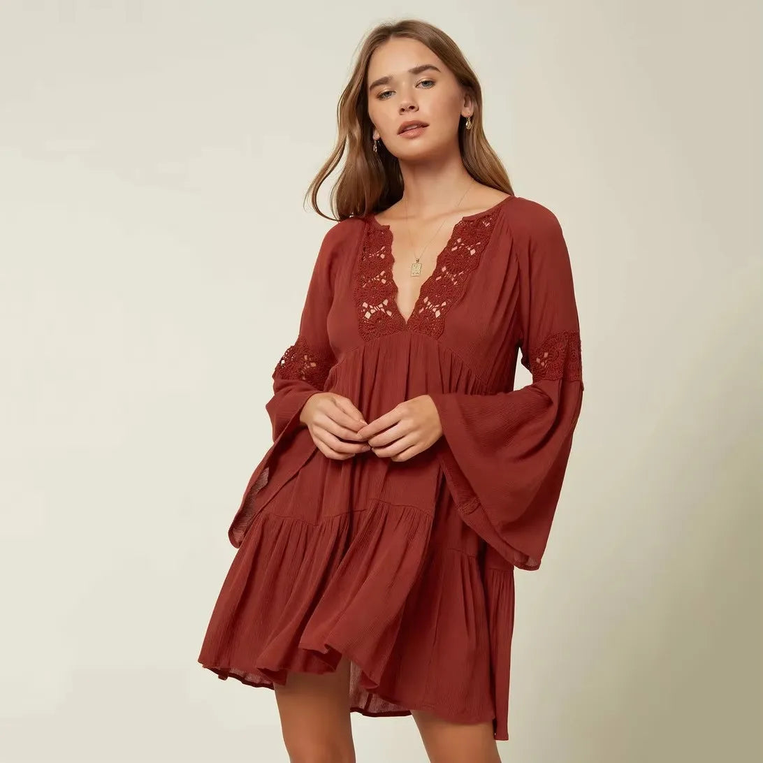 New Beach Cover Ups Pleated Cloth Lace Vacation Bikini Short Dress