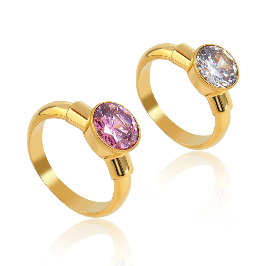 Minos New Delicate Cz Eternity Band Ring Waterproof Stainless Steel 18k Gold Plated Pink Clear Zircon Large Stone Thick Ring