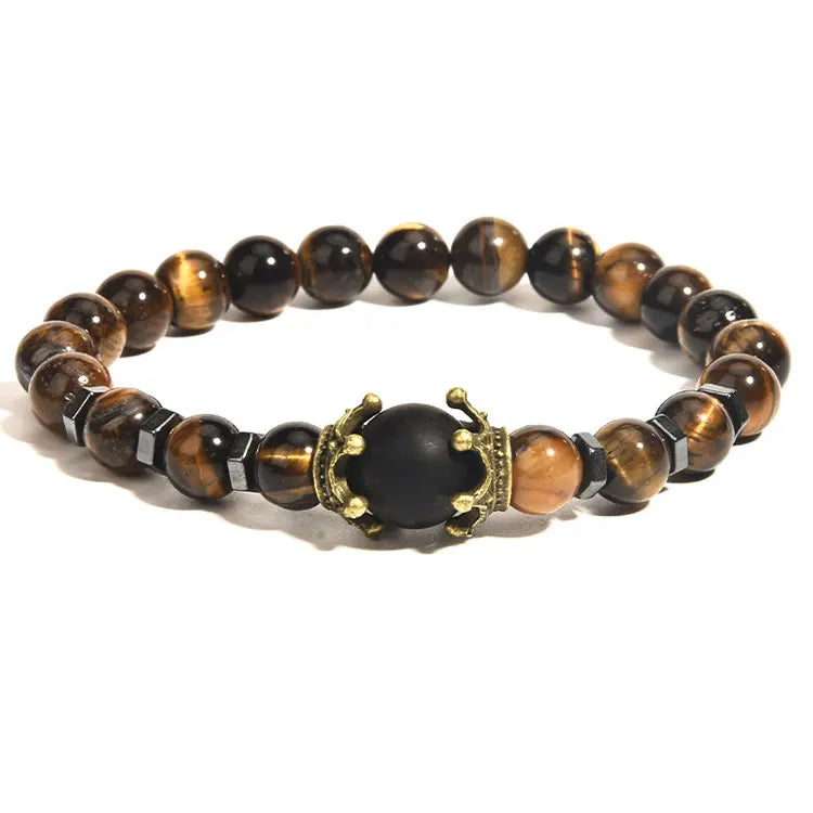 Men's Luxury Crown Charm Beaded Bracelet Adjustable Anxiety Stress Relief Tiger Eye Hematite Obsidian Triple Protection Bracelet