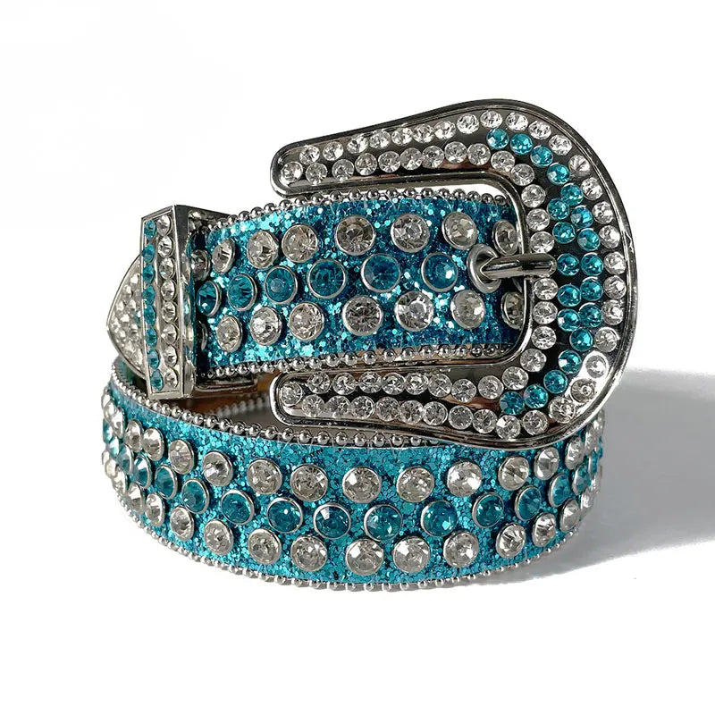 Customization Logo Casual Western Cowboy Bling Bling Crystal Rhinestones Plastic Buckle Studded Leather Belt for Women and Men MegaBDM