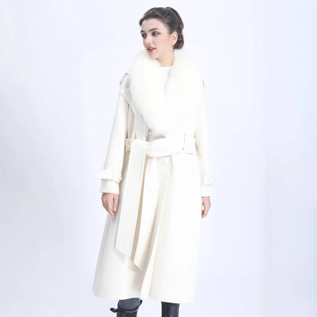 Female Luxury Natural Fox Fur Collar Wool Coat Blend