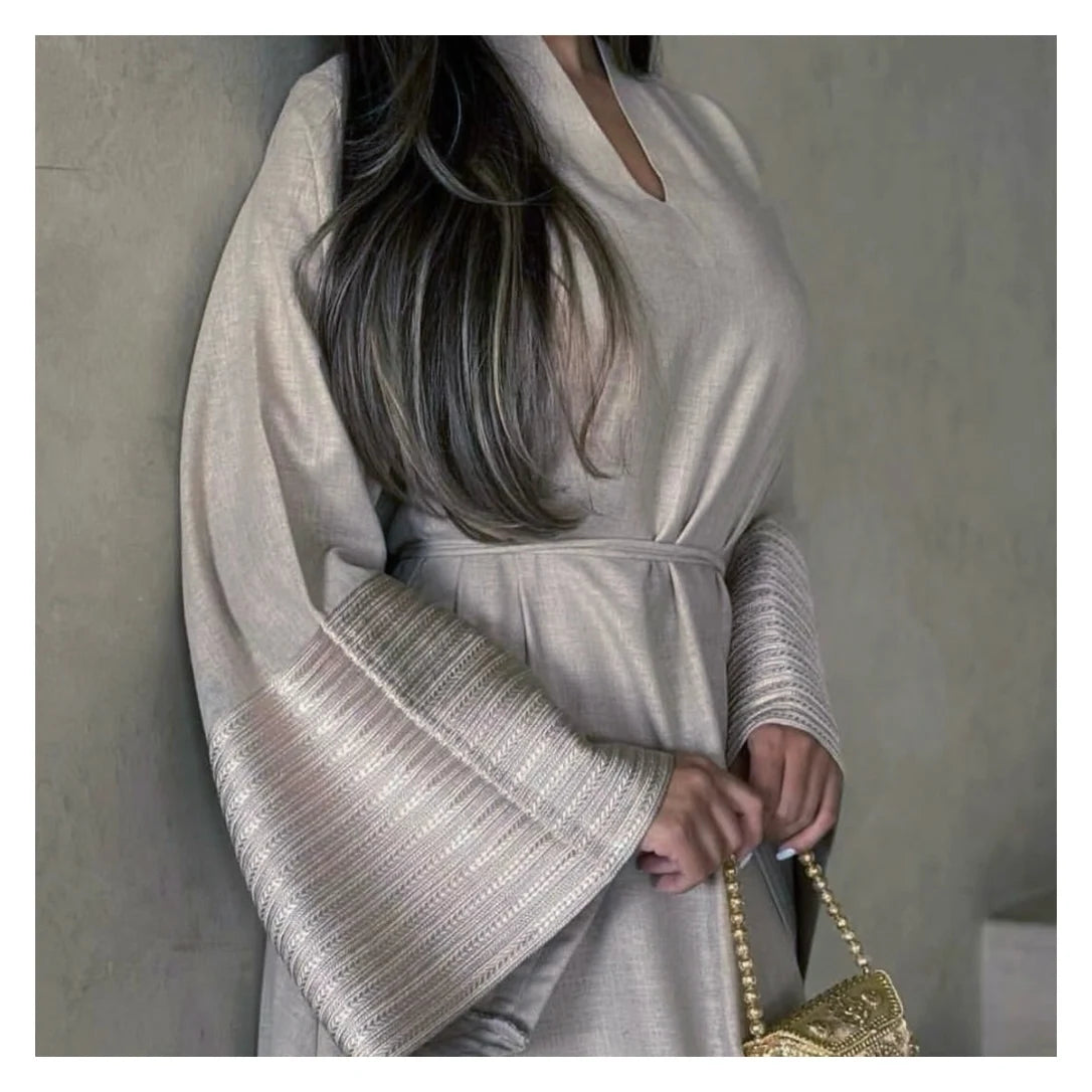 LM025 Arab Muslim Women's Ramadan Prayer Dress Silver V-neck Long Robe with Belted Long Skirt MegaBDM