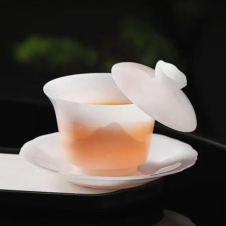 Classic Chinese White Porcelain Tea Set Handcrafted Porcelain Ceramic Gaiwan with Shanshui Painting Tea Sets