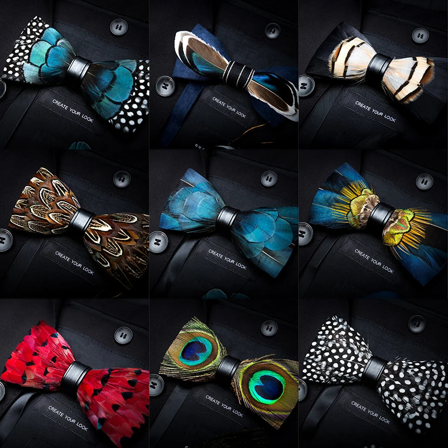 Original USA Design Delicate Fashion Feather Exquisite Hand Made Bowtie and Brooch Gift Box Set Groom Wedding Party Men Bow Tie
