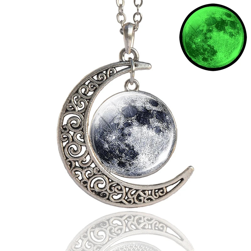 Luminous Planet Necklace Solar System Earth Saturn Jupter Glass Cabochon Pendant Outer Space Astronomy Jewelry