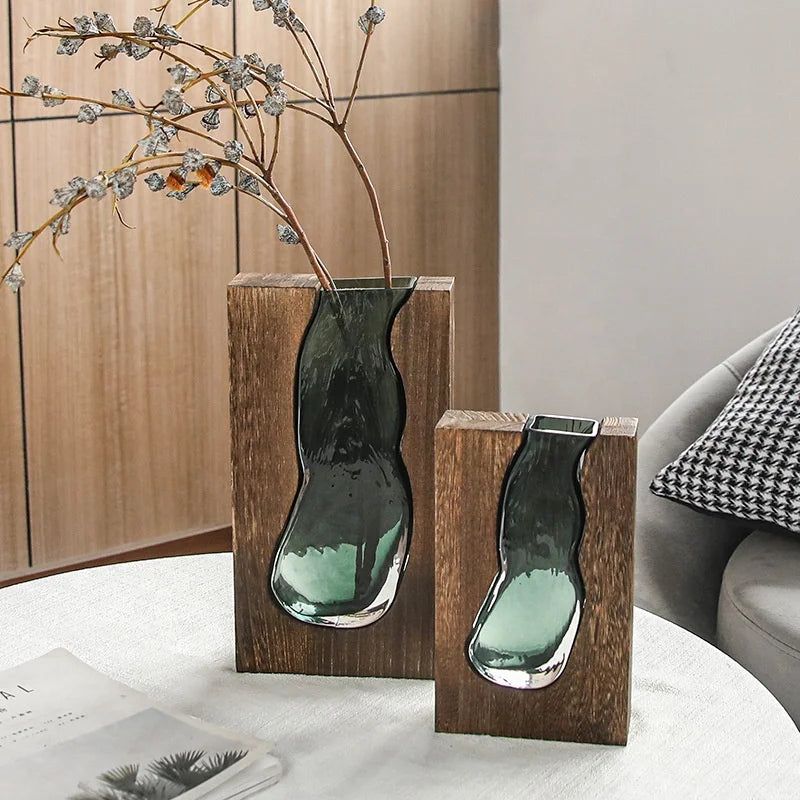 Drop Shipping Nordic Wood Transparent Glass Vase Home Designer Decoration Home Hotel Acrylic Gorgeous Designs Glass Vases