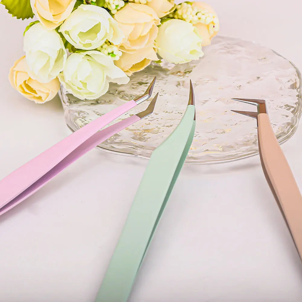 New Arrival 3 Pcs Anti-static Lashes Grafting Tools Khaki Green Pink Color Portable Easy Fanning Eyelash Tweezers by YUANZHIJIE