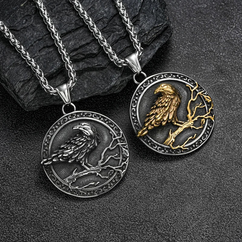 Vintage Stainless Steel Viking Nordic Crow Pendant Stainless Steel Viking Rune Necklace Compass for Men Animal Amulet Jewelry