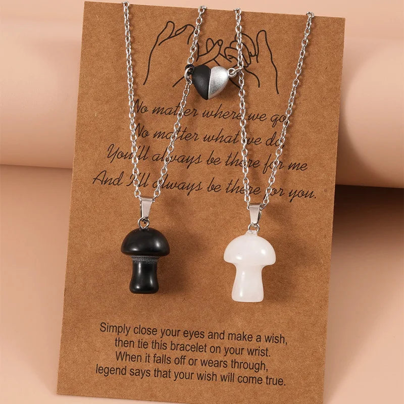 Creative New Natural Stone Mushroom Pendant Necklace Trendy Magnetic Love Heart Chain for Couples Christian Style