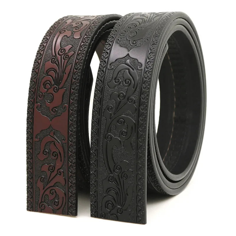 LQbelt New Cowhide Leather Belt Strap Men's Automatic Buckle Belt Ratchet Carving Decorative Pattern Without Buckles Factory
