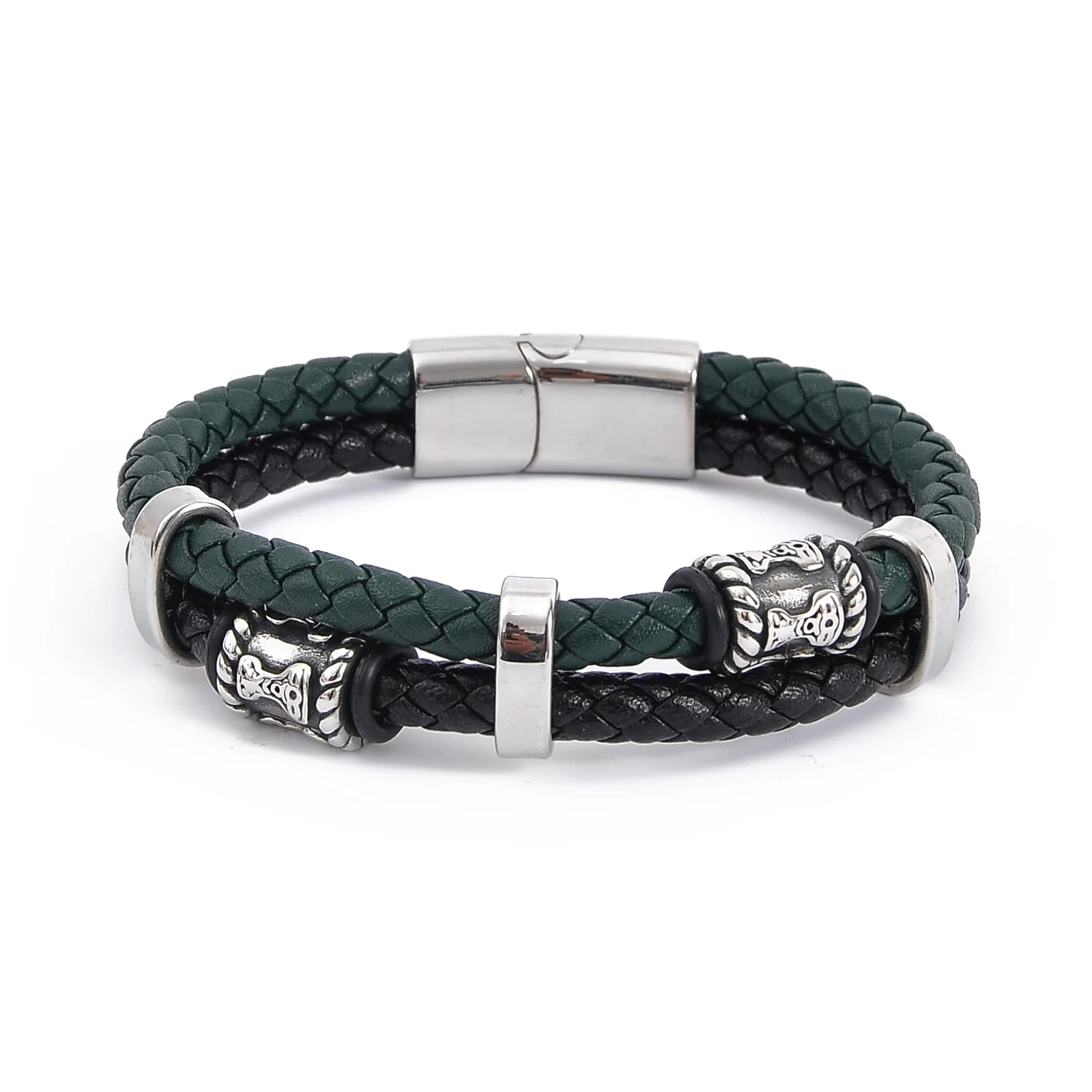 Stainless Steel Norse God Thor Mjolnir Bead Genuine Leather Bracelet Viking Jewelry