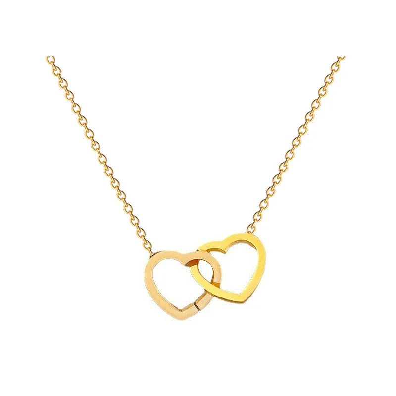 Women's Fashion Luxury Double Heart Connected Chain Necklace Gold Silver Wedding Anniversary Titanium Stainless Steel Necklace