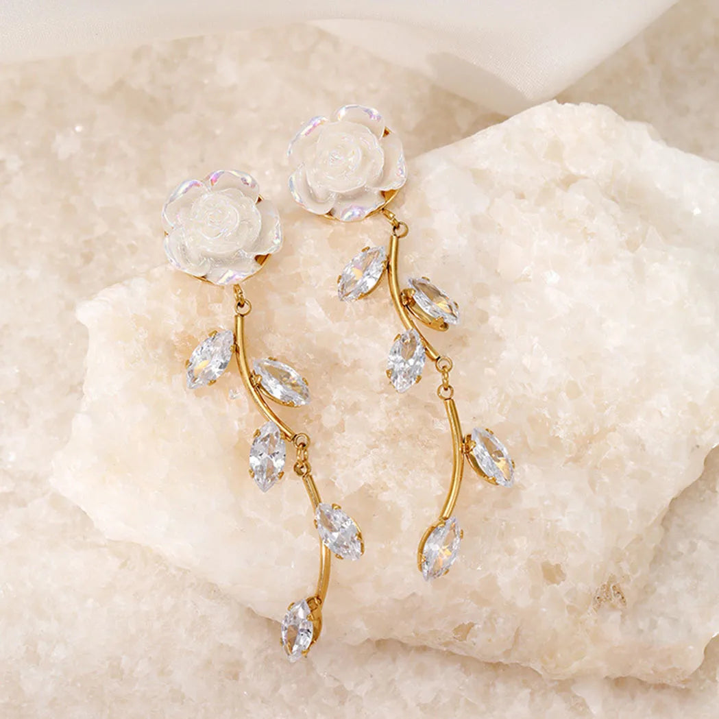 Luxury Wedding Earring Piercing Long Crystal Drop Chandelier Zircon Stone Earrings Stainless Steel Jewelry for Women