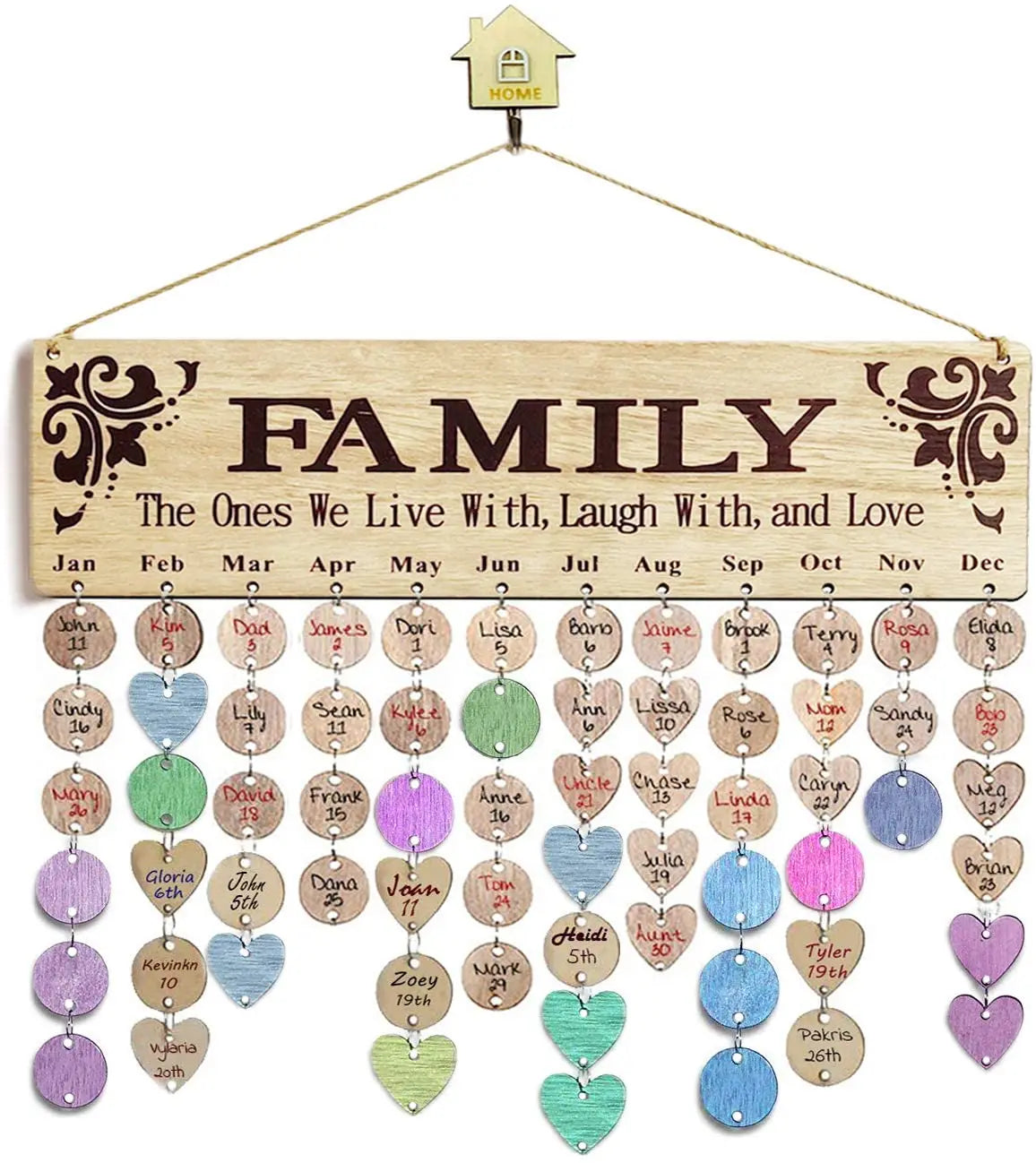 Tailai Wooden Calendar Birthday Reminder Wall Hanging Board Plaque with Unfinished Wood Discs Crafts for Family Home Decoration
