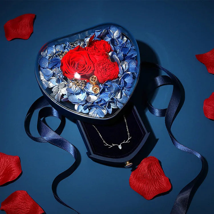 Qiuhan Blue Double Door Gifts Case Rose Love Forever Flower Gift Jewellery Box