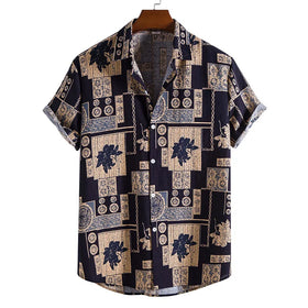 Hot Sale Men's Fashion Trend Cotton Printed Short-sleeved Men's Shirts Cotton Linen Shirt
