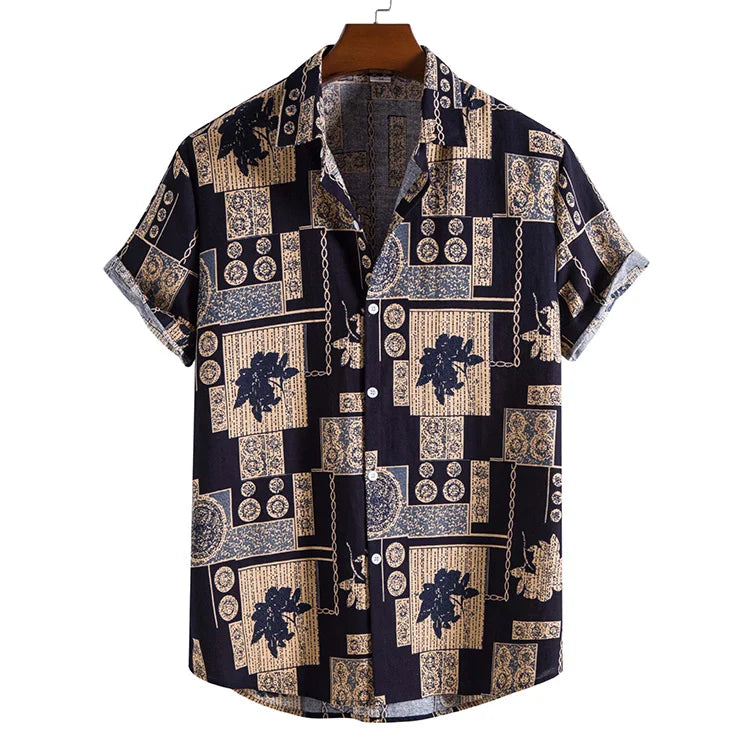 Hot Sale Men's Fashion Trend Cotton Printed Short-sleeved Men's Shirts Cotton Linen Shirt
