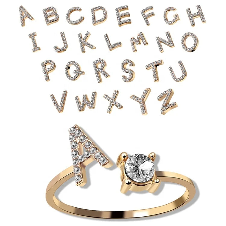 Romantic Creative Wedding Anniversary Gift Gold Rhinestone 26 Initials Letter Finger Open Rings for Women Jewelry