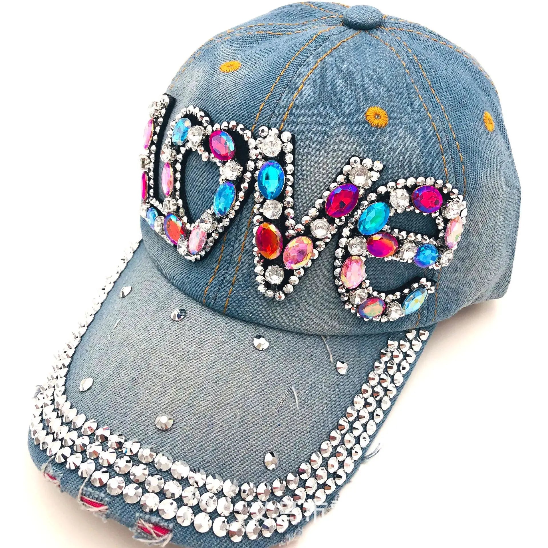 Adjustable Unisex Rhinestones Denim Baseball Caps Hand Embroidery 6-Panel Washed Color Cotton Bling Bling