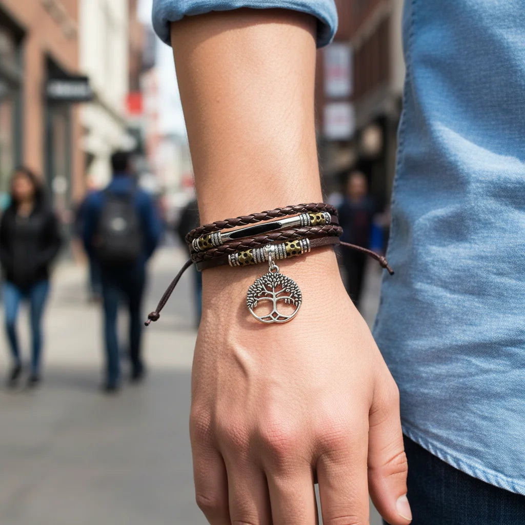 Vintage Multi Layer Leather Alloy Bead Life Tree Pendant Bracelet for Men Women