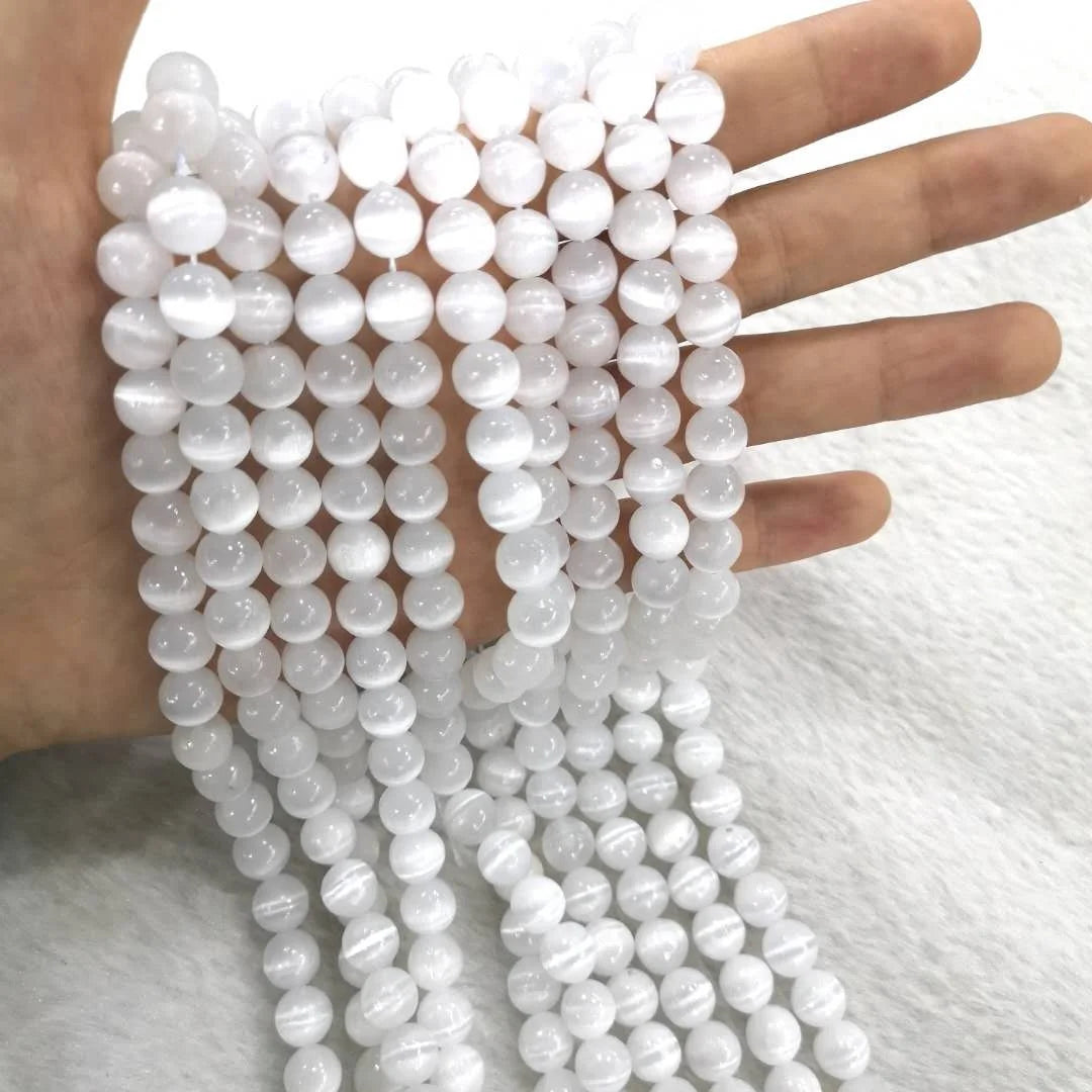 Rare Moroccan Selenite Natural Cat Eye Gemstone Beads Fashion Pearly White Crystal Healing Energy Beads for Jewelry Making