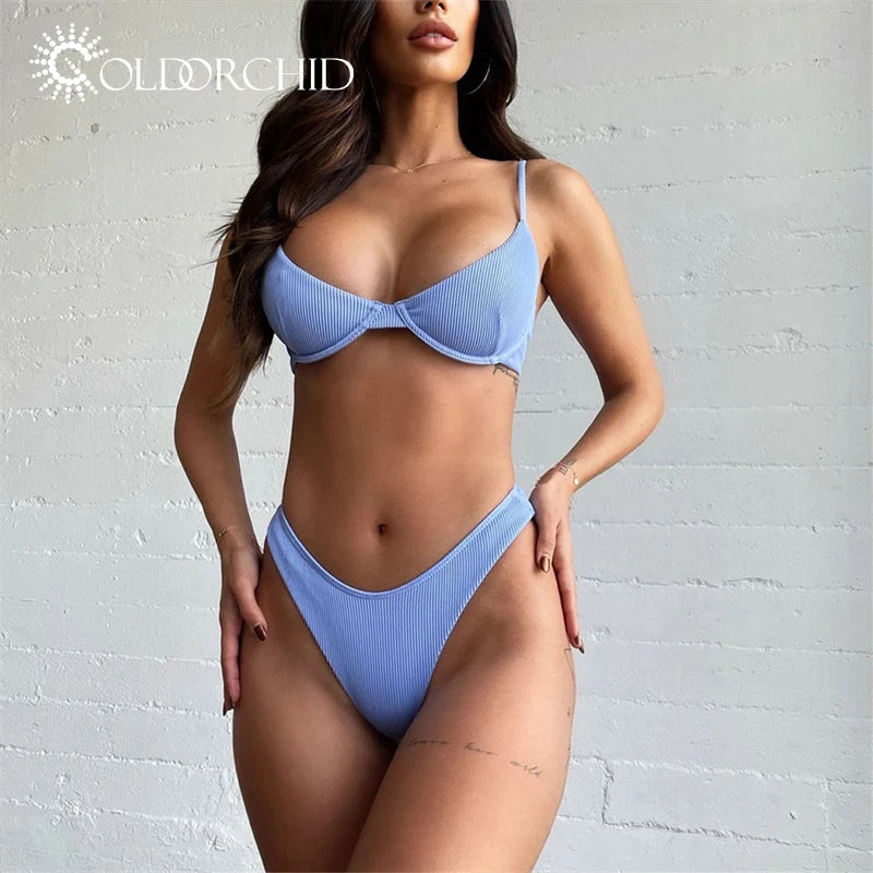 2025 Custom Printed High Rise 2-Piece Bikini for Women Solid Pattern Swimsuit Set