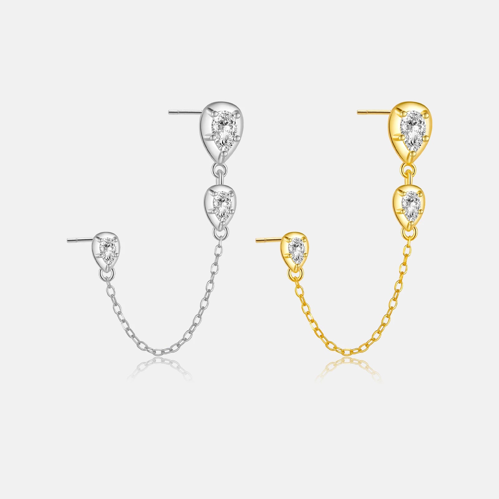 FUAMAY Fashion 18K Gold Plated 925 Sterling Silver Single Stud Earrings Dainty Chain Drop Double Piercing Pear Stud Earrings
