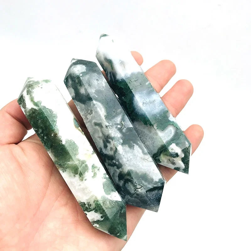 Factory Wholesale Price Natural Moss Agate DT Double Terminal Point Quartz Crystals Tower Crafts Healing Decoration