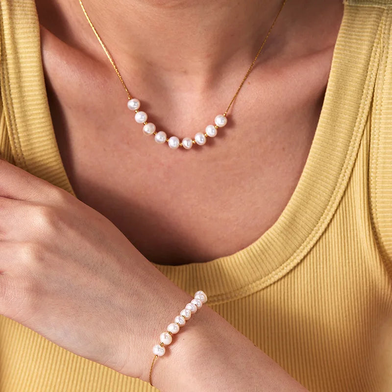 France Style Fresh Water Pearl Bracelet Stainless Steel 18k Gold Plated Pendant Necklace for Women