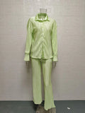 S-XL European and American Autumn Women's Solid Color Pleated Long Sleeve Cardigan Shirt Split Top Pants Two Piece Set