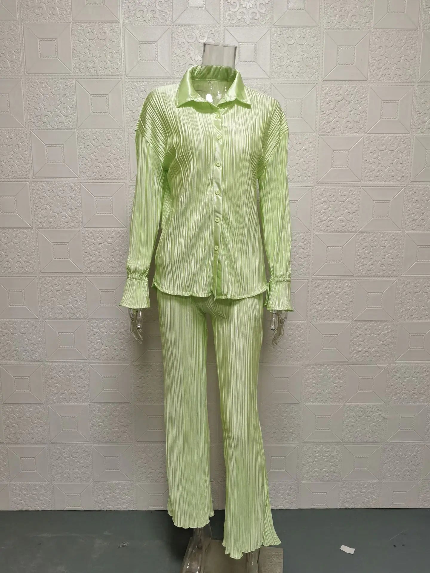 S-XL European and American Autumn Women's Solid Color Pleated Long Sleeve Cardigan Shirt Split Top Pants Two Piece Set