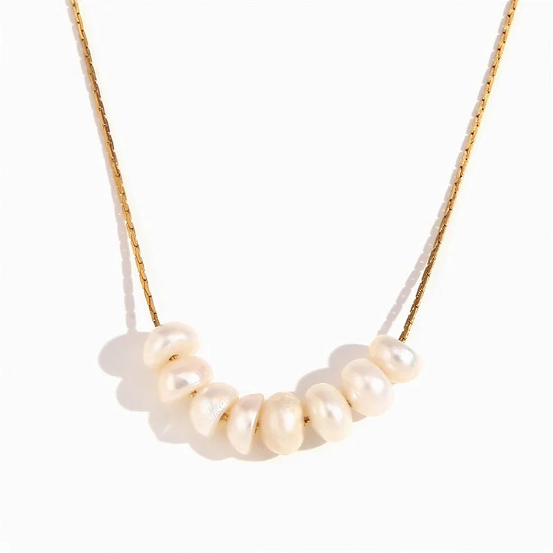 LUOYAN Korean Exquisite Collar Waterproof Stainless Steel 18K Gold Plated Necklace Vintage Natural Pearl Chic Charm Party Women