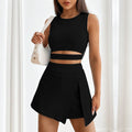 Hot Selling Fashion Summer Women's 2 Piece Set Solid Color Sleeveless Knitted Tank Top Yoga Leisure Short Skirt Sets MegaBDM