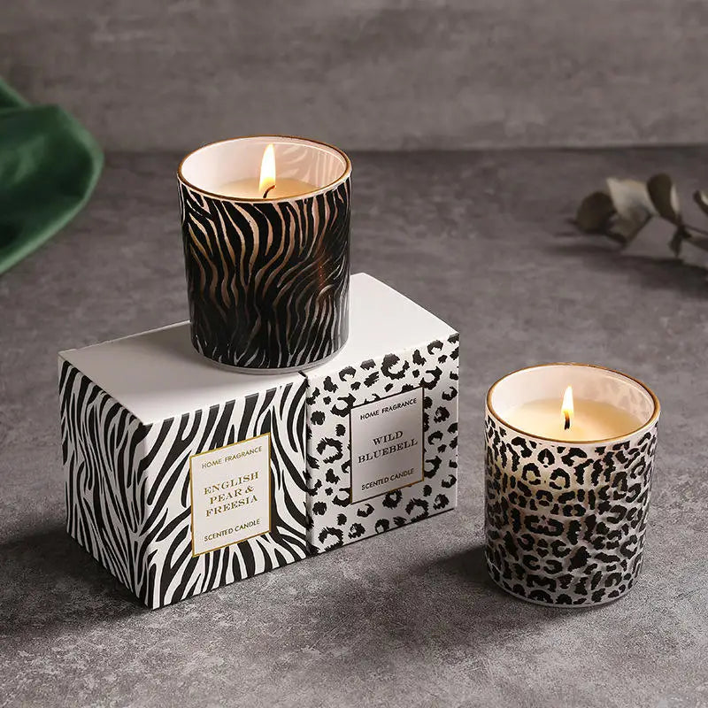AIKUN Luxury Private Label Leopard Print Round Glass Jar Candle Essential Oil Scented Candles With Paper Box