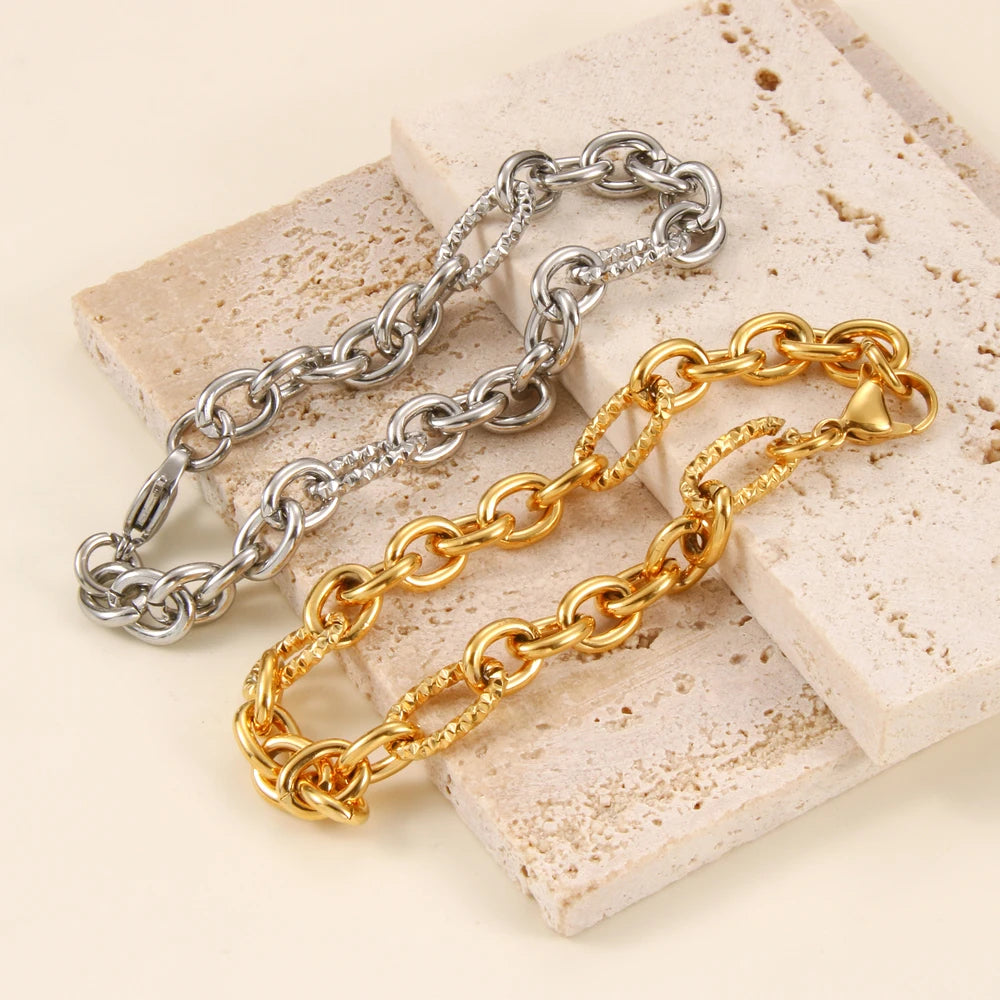 Exaggerated 18K Stainless Steel Necklace Handmade Chunky Oval Cable Link Chain Bracelet for Women