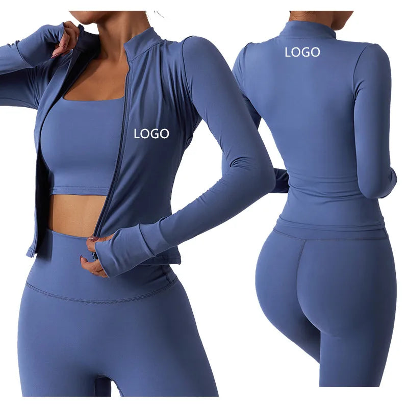 Wholesale Fitness Clothes Wear Women 3 Pieces Yoga Jackets Workout Leggings Sports Bras Top Gimnasio Conjuntos Sportswear Set