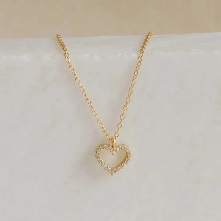 Dainty Anniversary Jewelry 925 Sterling Silver Cubic Zircon Pave Hollow Heart Pendant Necklace for Women